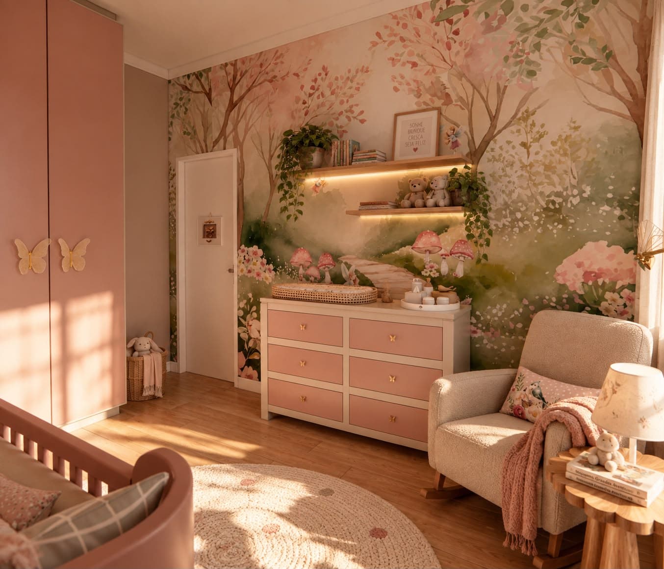 Cômoda e poltrona de amamentação junto ao mural infantil do quarto Bosque Encantado