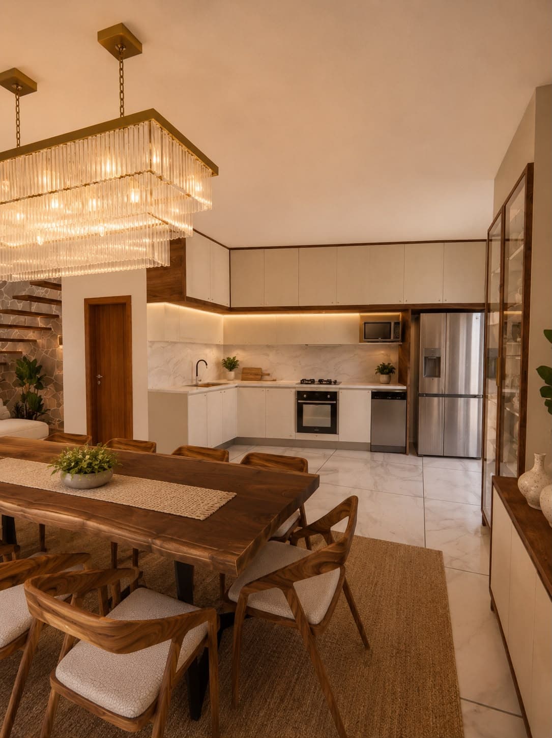 Sala de jantar integrada à cozinha e à escada, com lustre de cristal