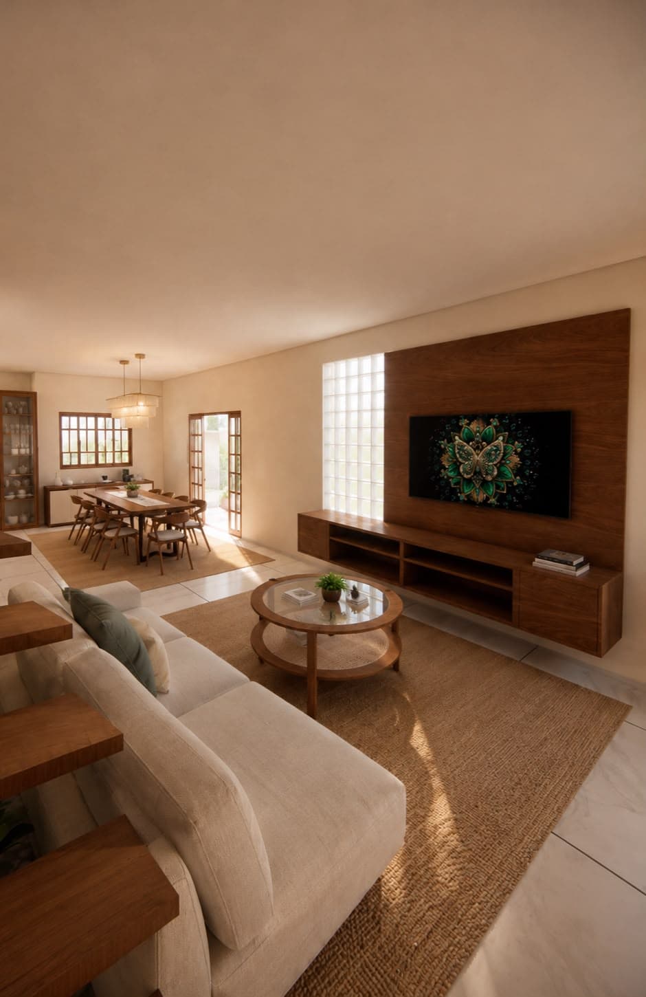 Sala de estar com painel de madeira, TV e tapete natural