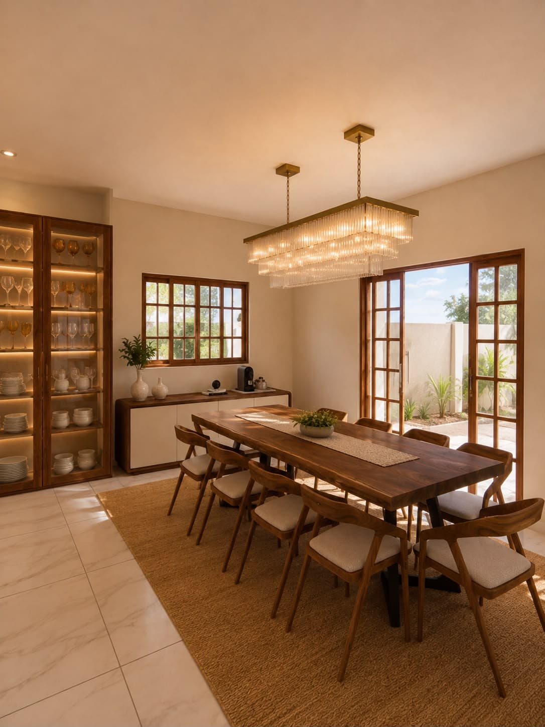 Mesa de jantar em madeira maciça sob lustre de cristal, com vista para o jardim