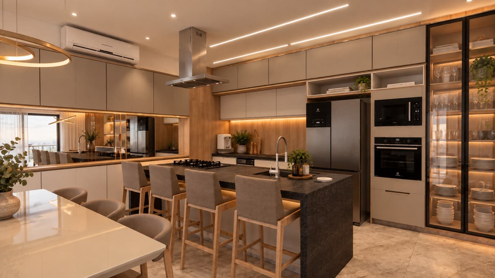 Cozinha com ilha central, banquetas e iluminação cênica em fita de LED