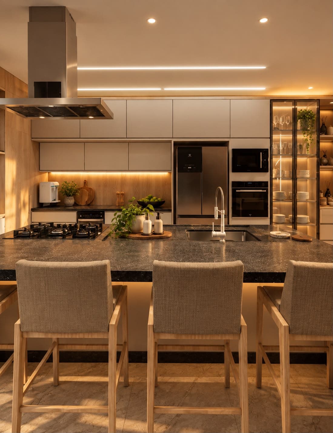 Detalhe da ilha da cozinha com cooktop, cuba e marcenaria em madeira