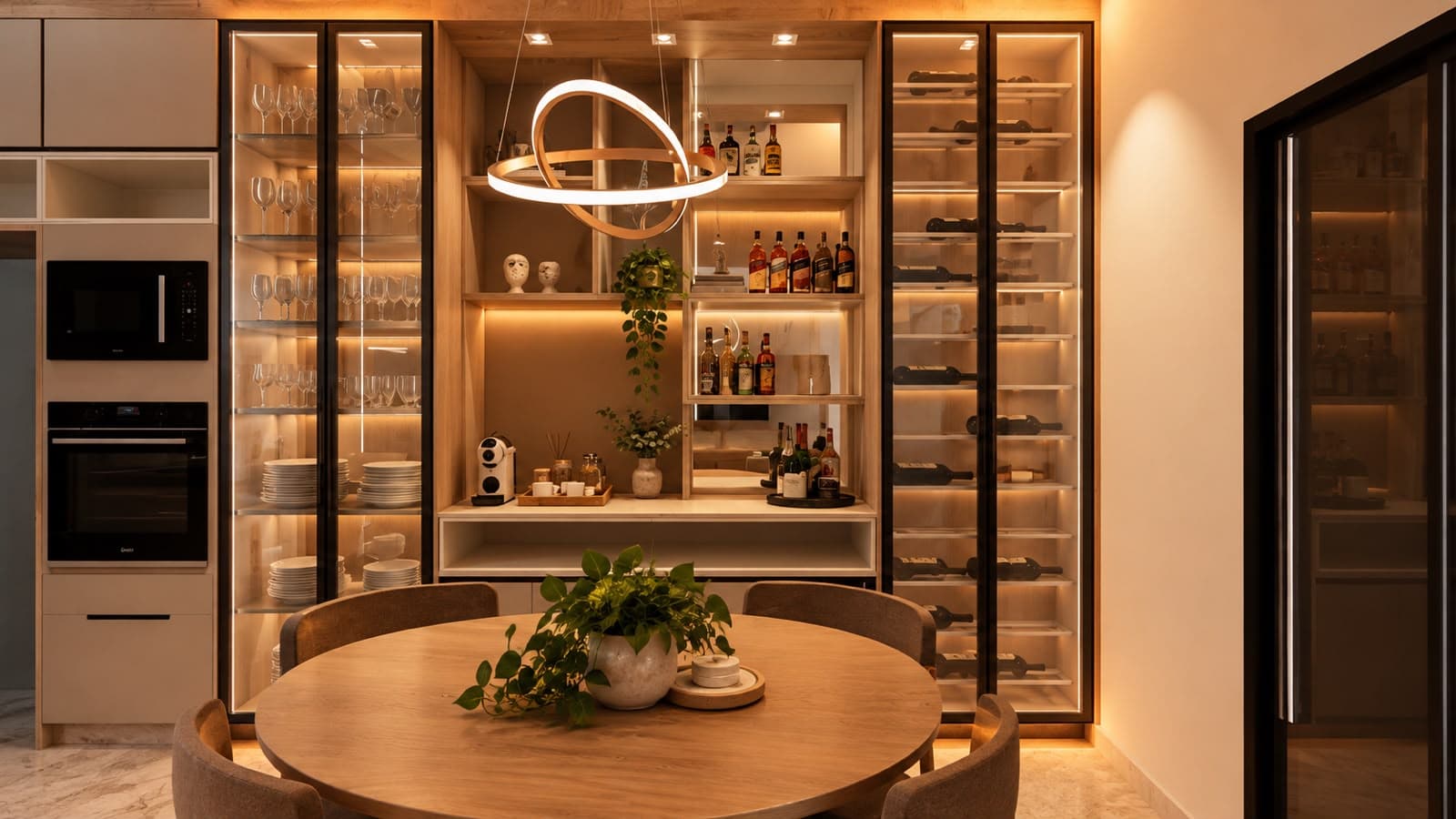 Bar integrado com adega e mesa de jantar redonda sob luminária pendente