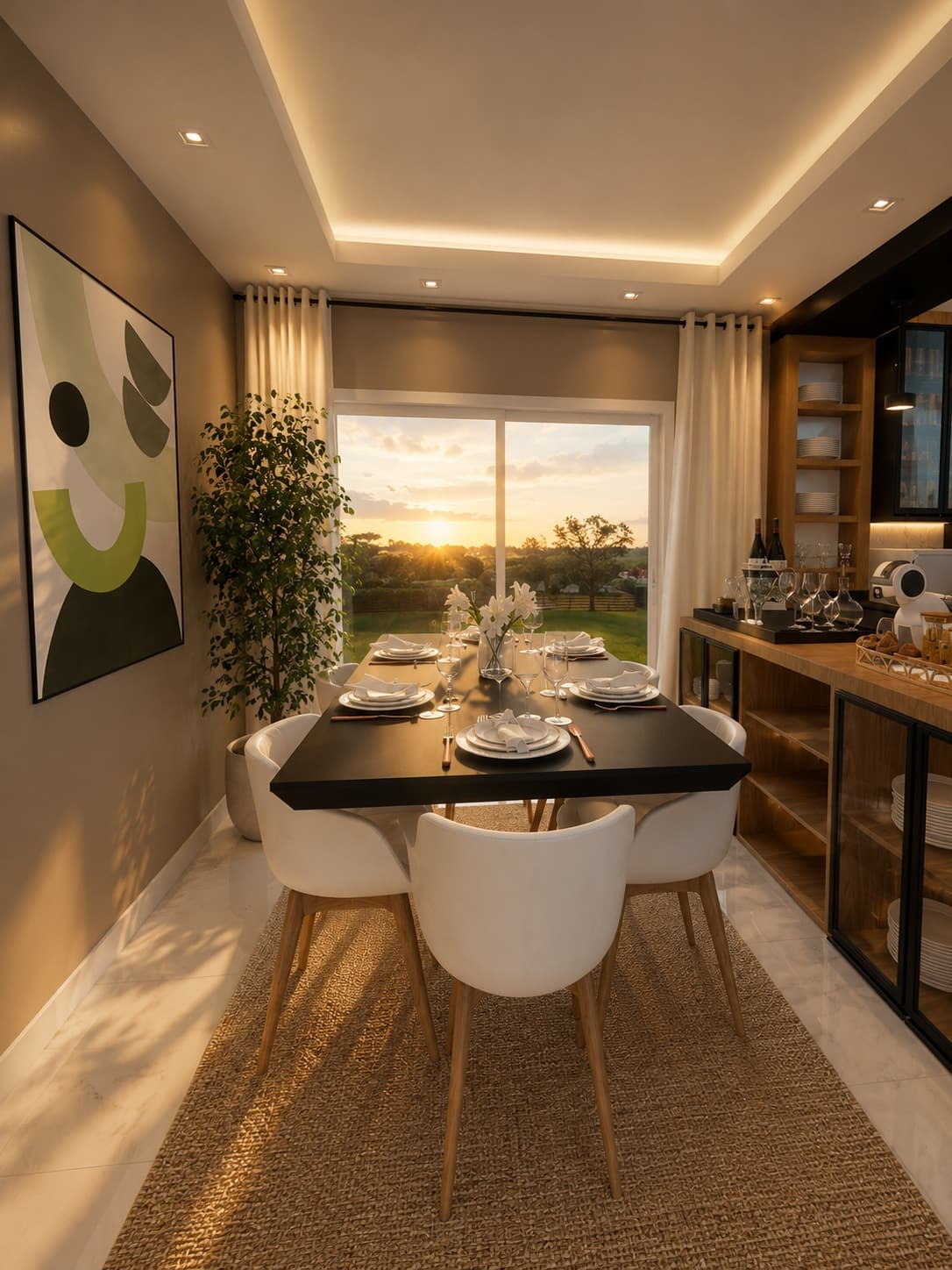 Sala de jantar integrada à cozinha, com mesa preta posta e vista para o pôr do sol