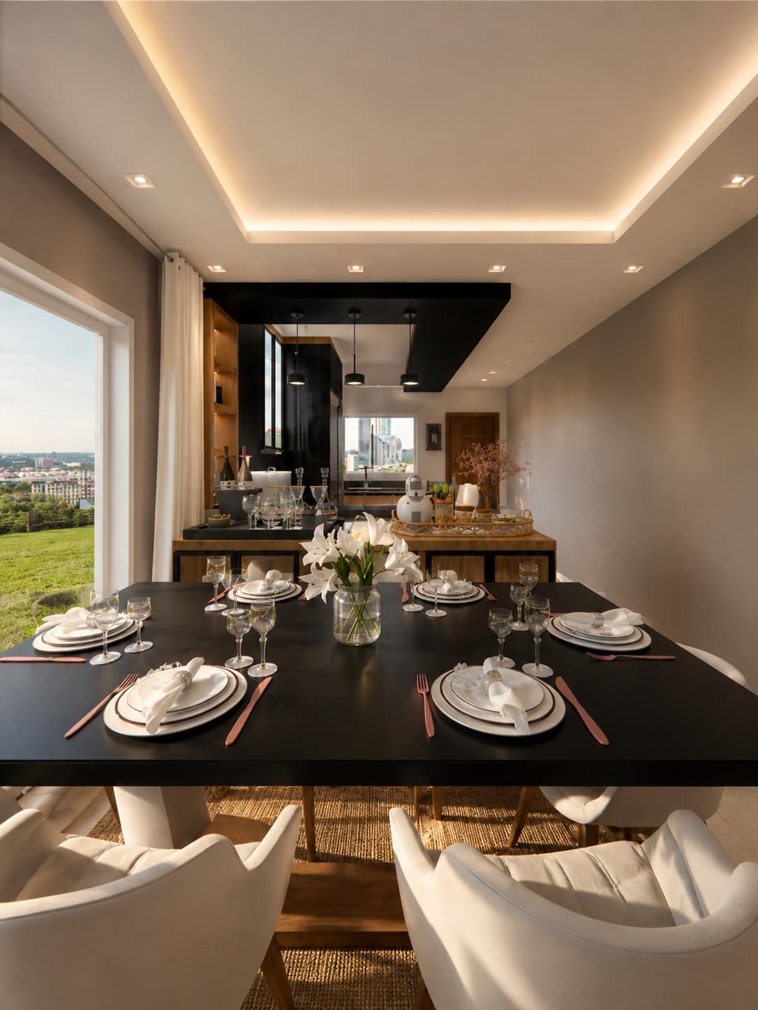 Vista da sala de jantar em direção à cozinha planejada em madeira e preto, com iluminação em fita de LED