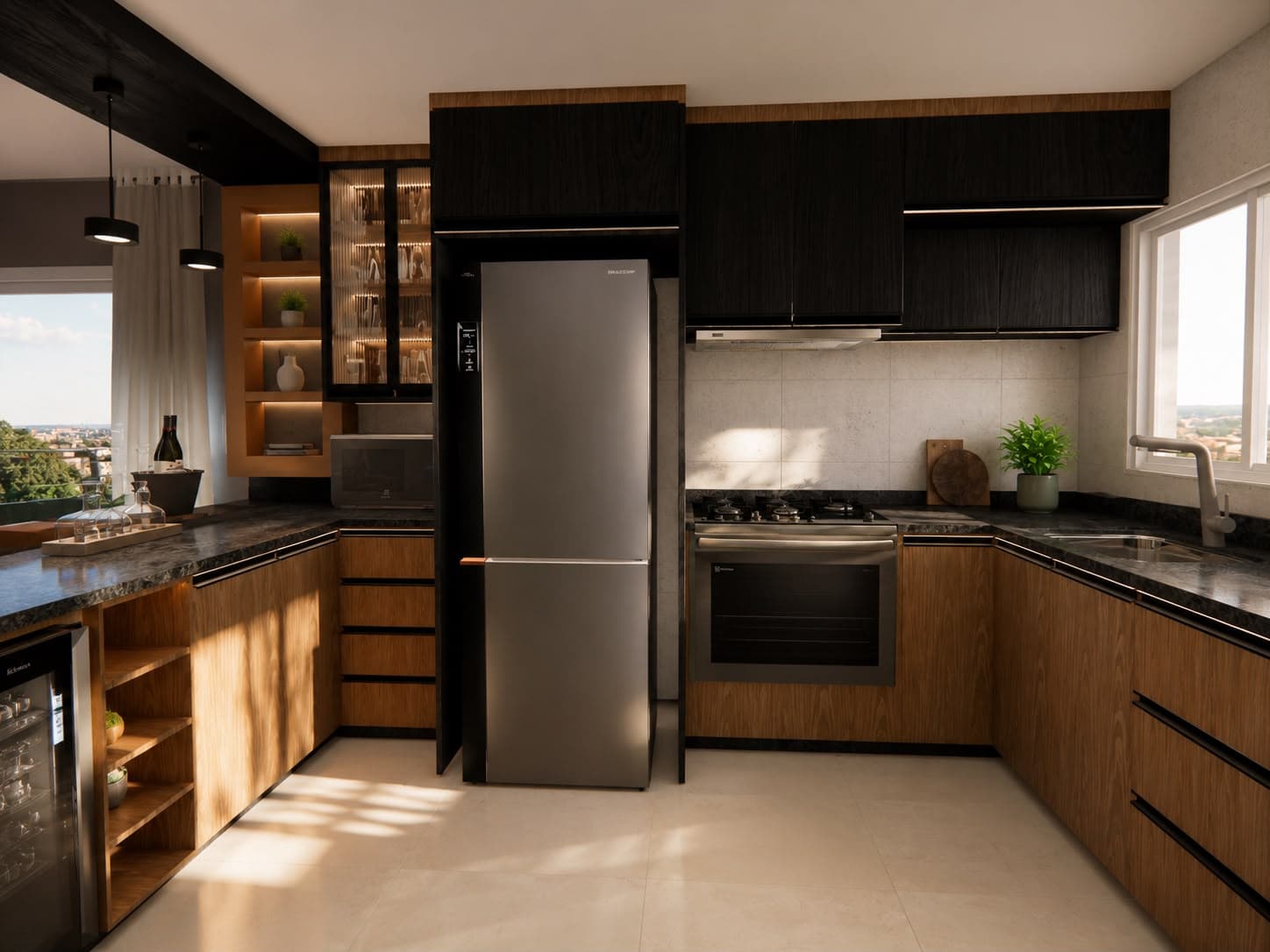 Cozinha planejada em madeira e preto, com eletrodomésticos integrados e iluminação embutida
