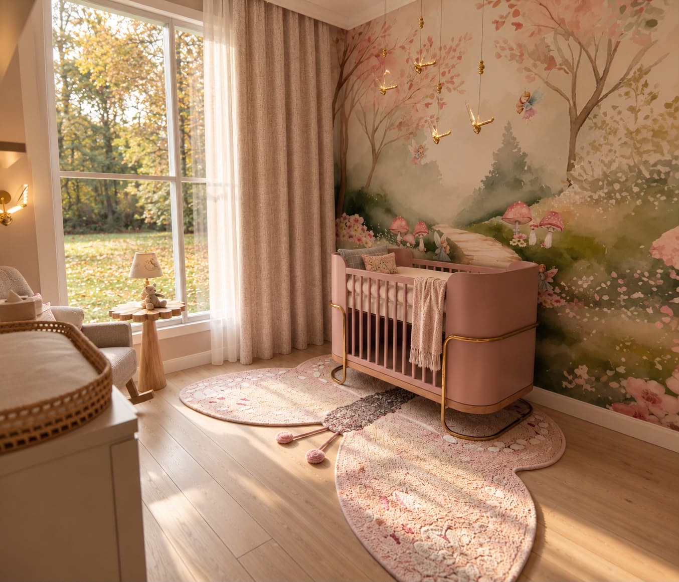Berço rosa diante de um mural infantil de árvores, flores e borboletas