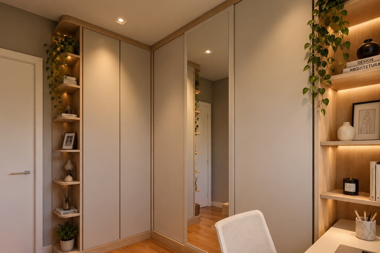 Canto de closet e escrivaninha com estante em madeira, plantas e iluminação indireta