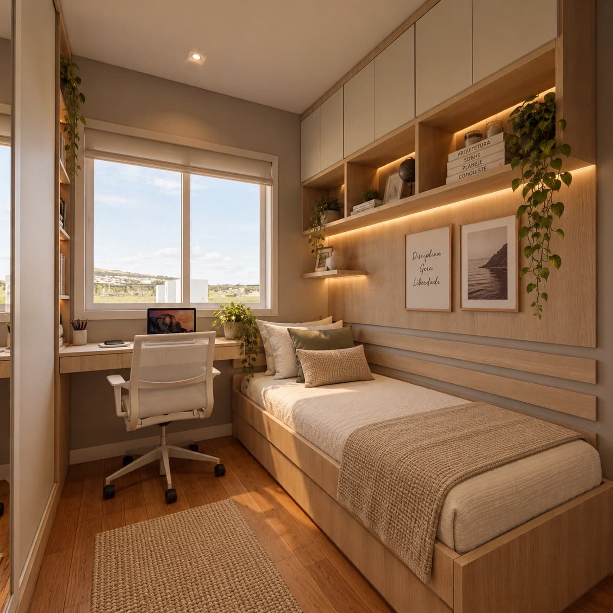 Quarto compacto com cama, escrivaninha e estante em madeira natural, iluminado por luz natural e fitas de LED