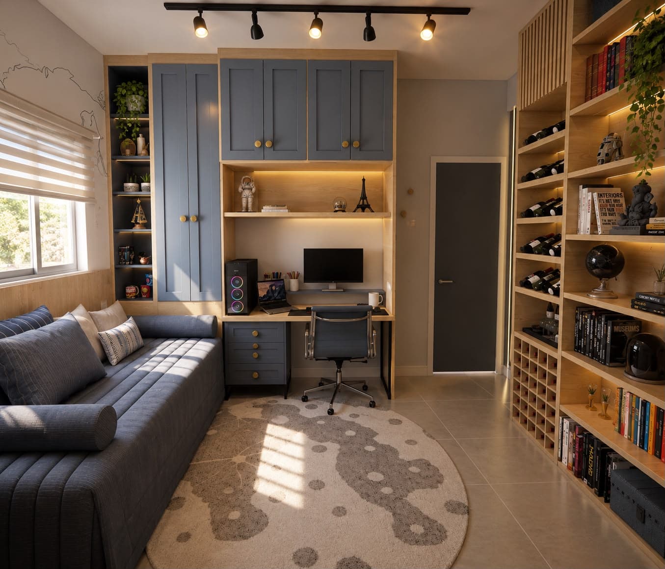 Quarto com estante de marcenaria em tons azulados e madeira clara, sofá e escrivaninha de estudos